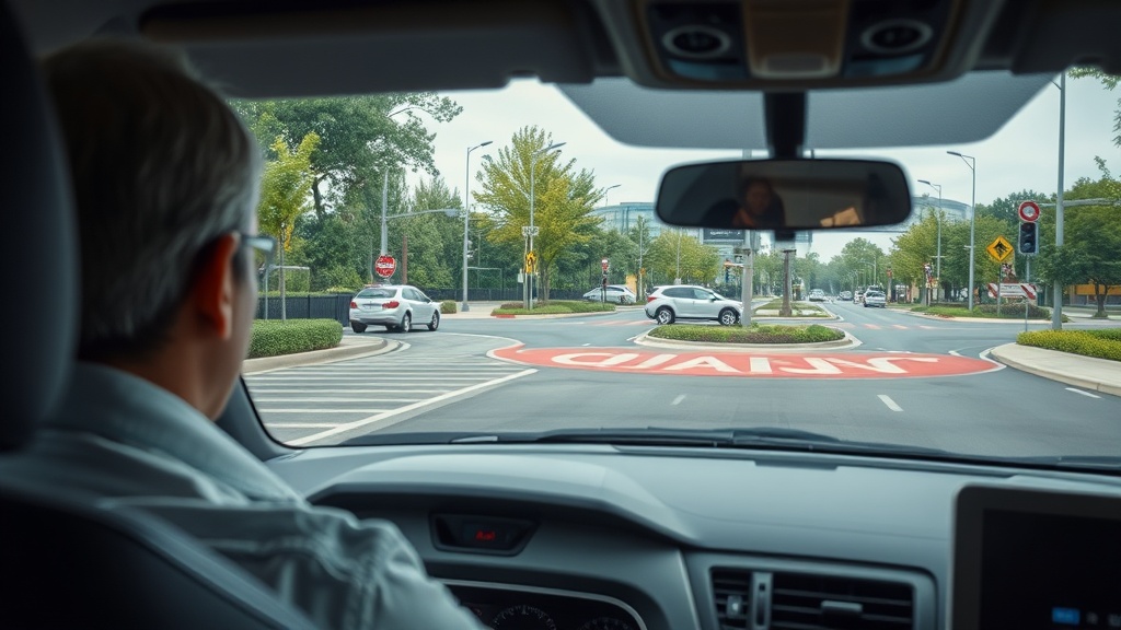 차량이 회전교차로 진입로에 접근하며 속도를 줄이고 좌측 회전 차로를 확인하는 상황